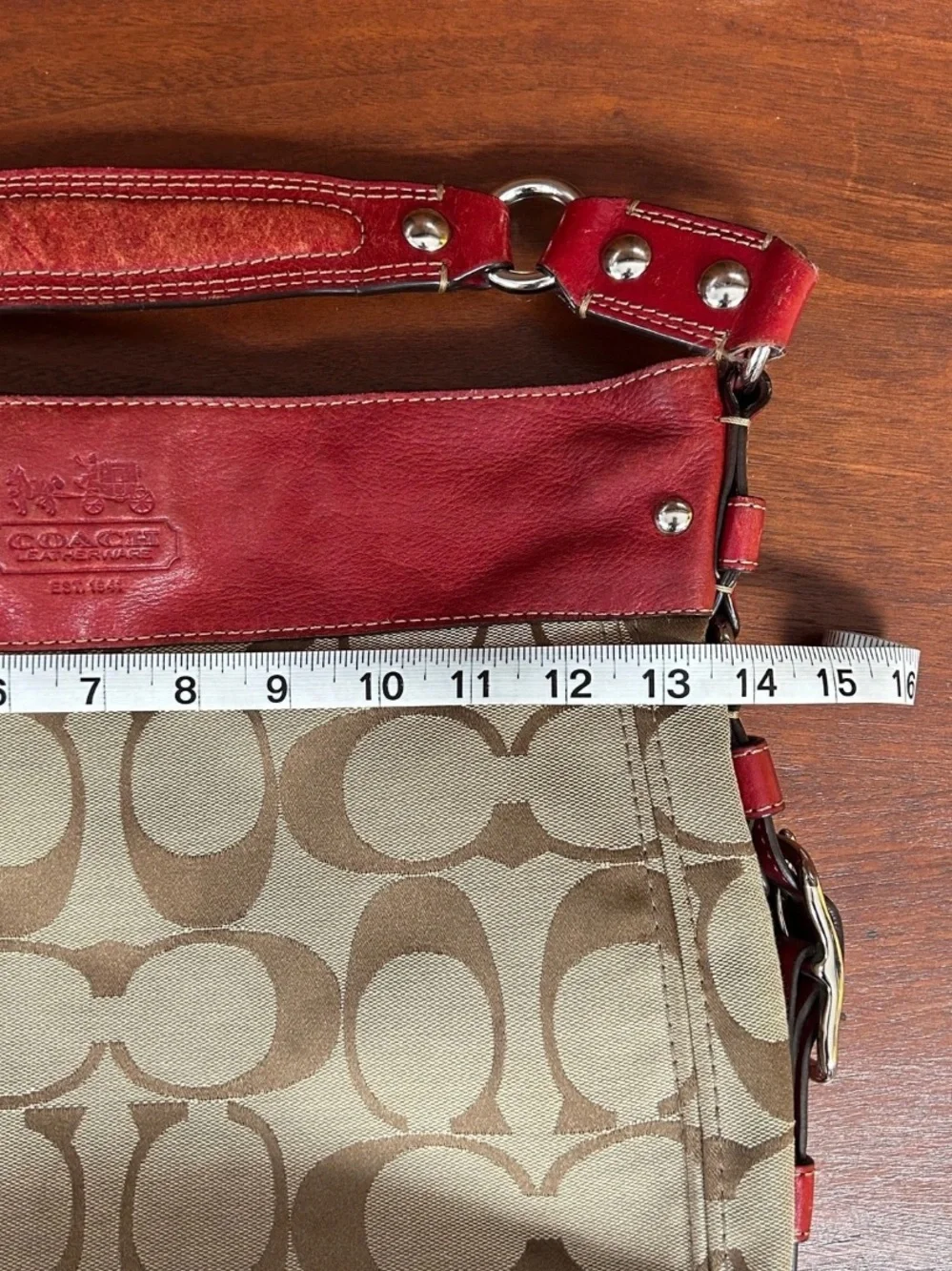 Coach Signature Canvas Hobo with Red Leather Trim